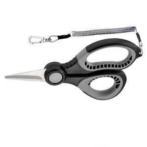 Tesoura de Pesca Booms Cut Pro com a ponta virada para a esquerda, e seu cordão de segurança preso ao cabo