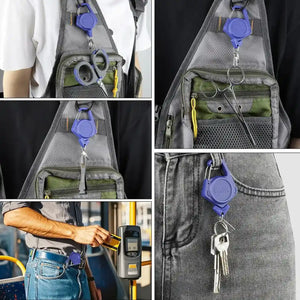 Cinco imagens de um chaveiro azul sendo utilizado com objetos diferentes