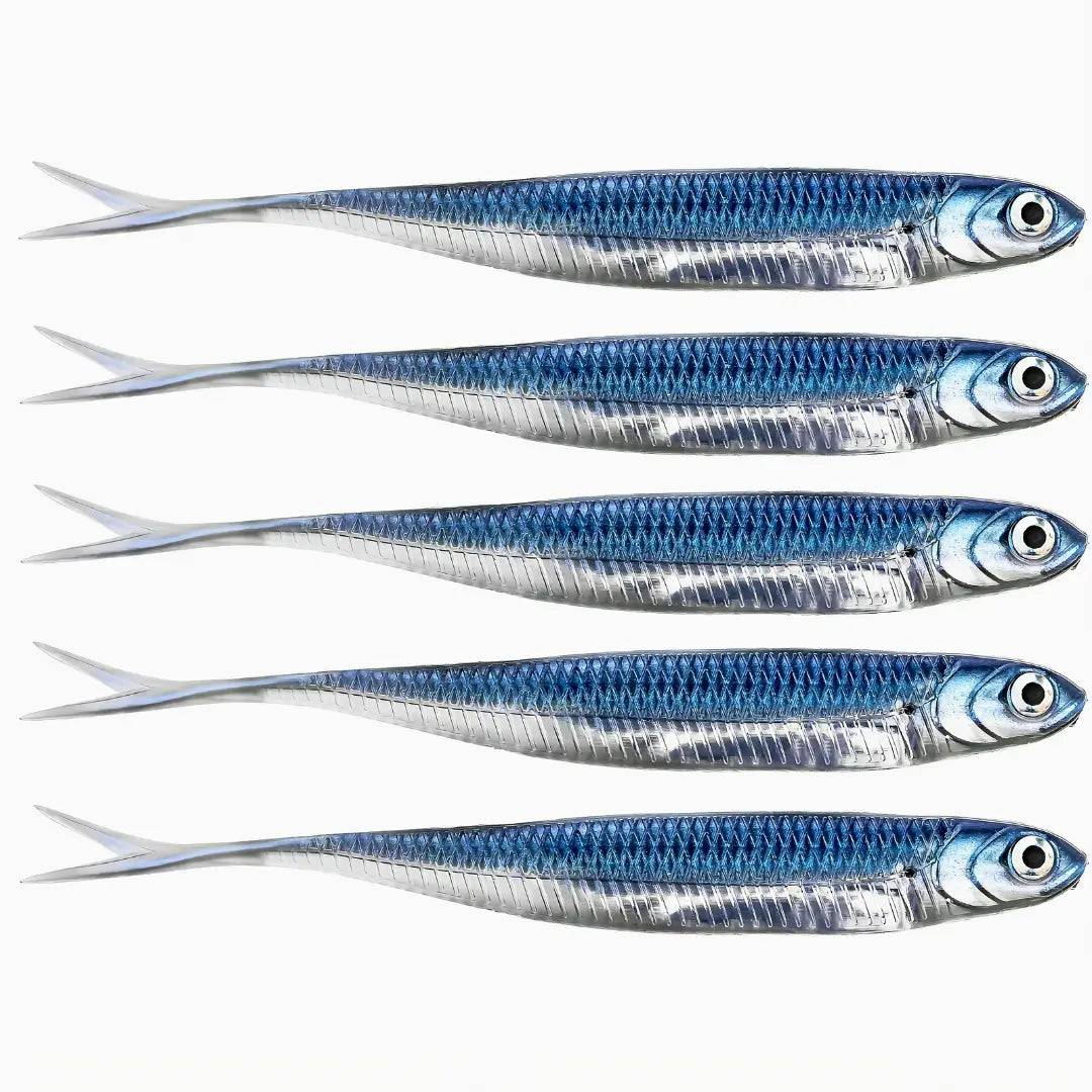 Cinco iscas artificiais modelo shad na cor azul vistos de lado