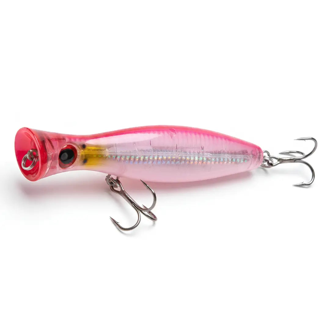 Uma isca artificial modelo popper nas cores rosa, branca e amarela mostrado de lado