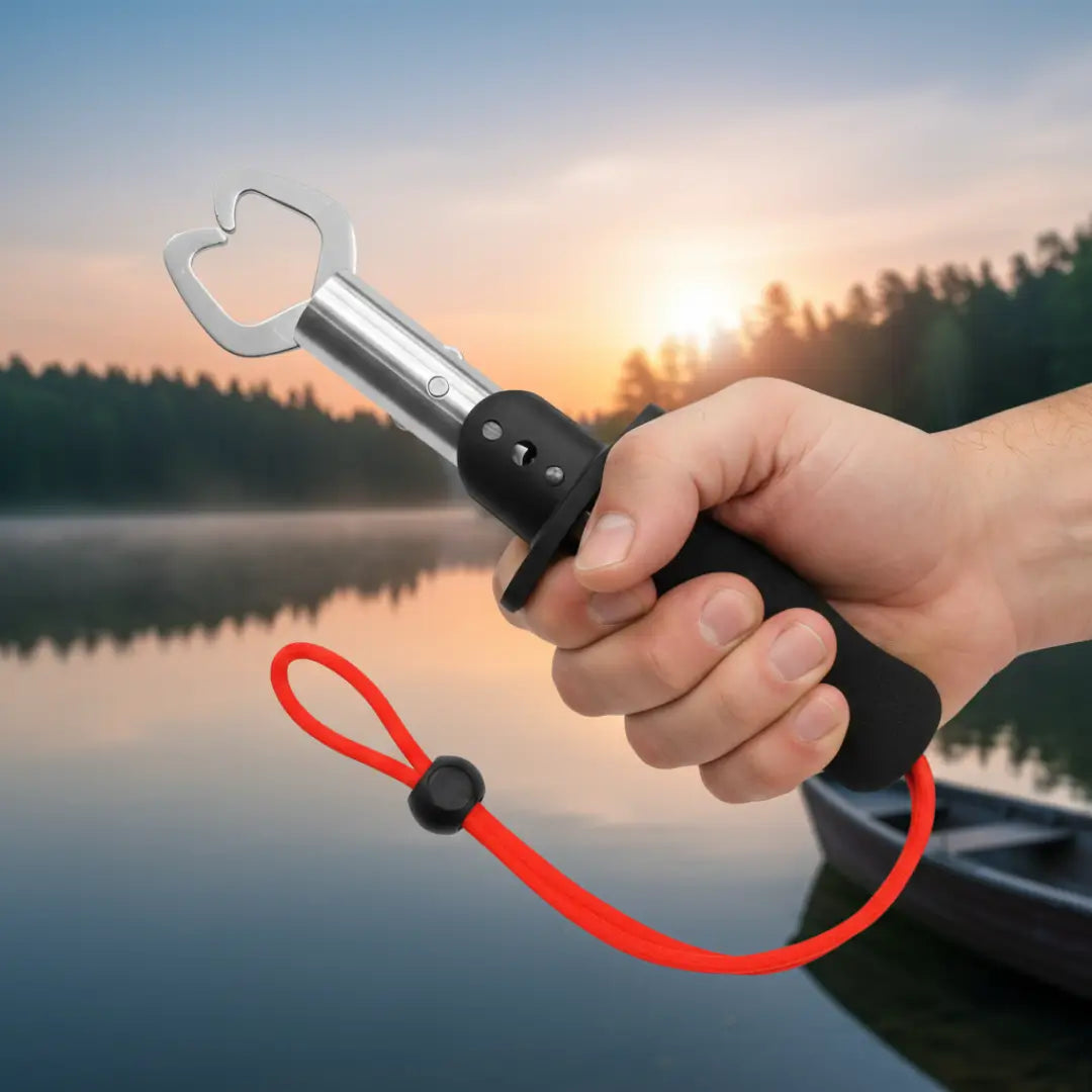 Uma mão segurando o Alicate de Contenção Albatroz Claw, com um rio e uma canoa ao fundo