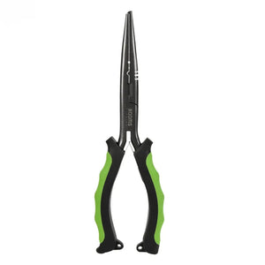 Alicate de pesca bico longo booms carbon verde visto de frente, com seu bico para cima
