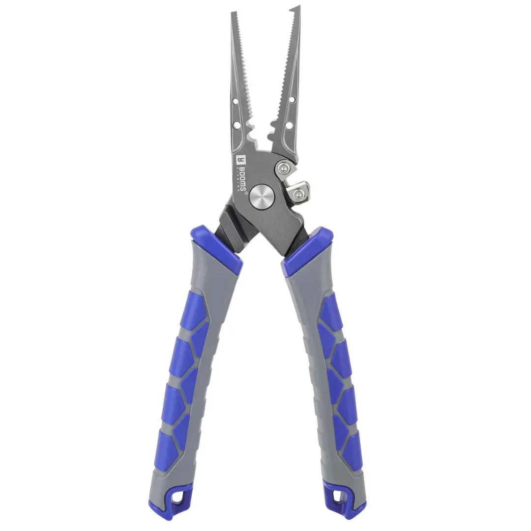 Alicate de Pesca Multifunções Booms mostrado de frente, com seu cabo azul e cinza