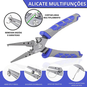 Alicate de Pesca Multifunções Booms de lado no centro, com suas 6 funções ao redor