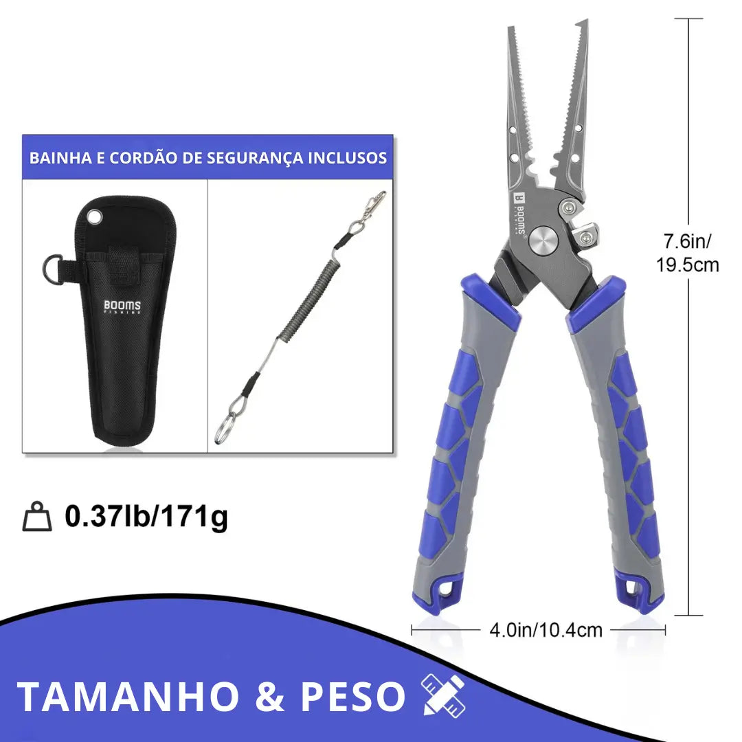 O Alicate de Pesca Multifunções Booms em foco do lado esquerdo, com sua bainha e seu cordão do lado direito, e abaixo seu peso e tamanho