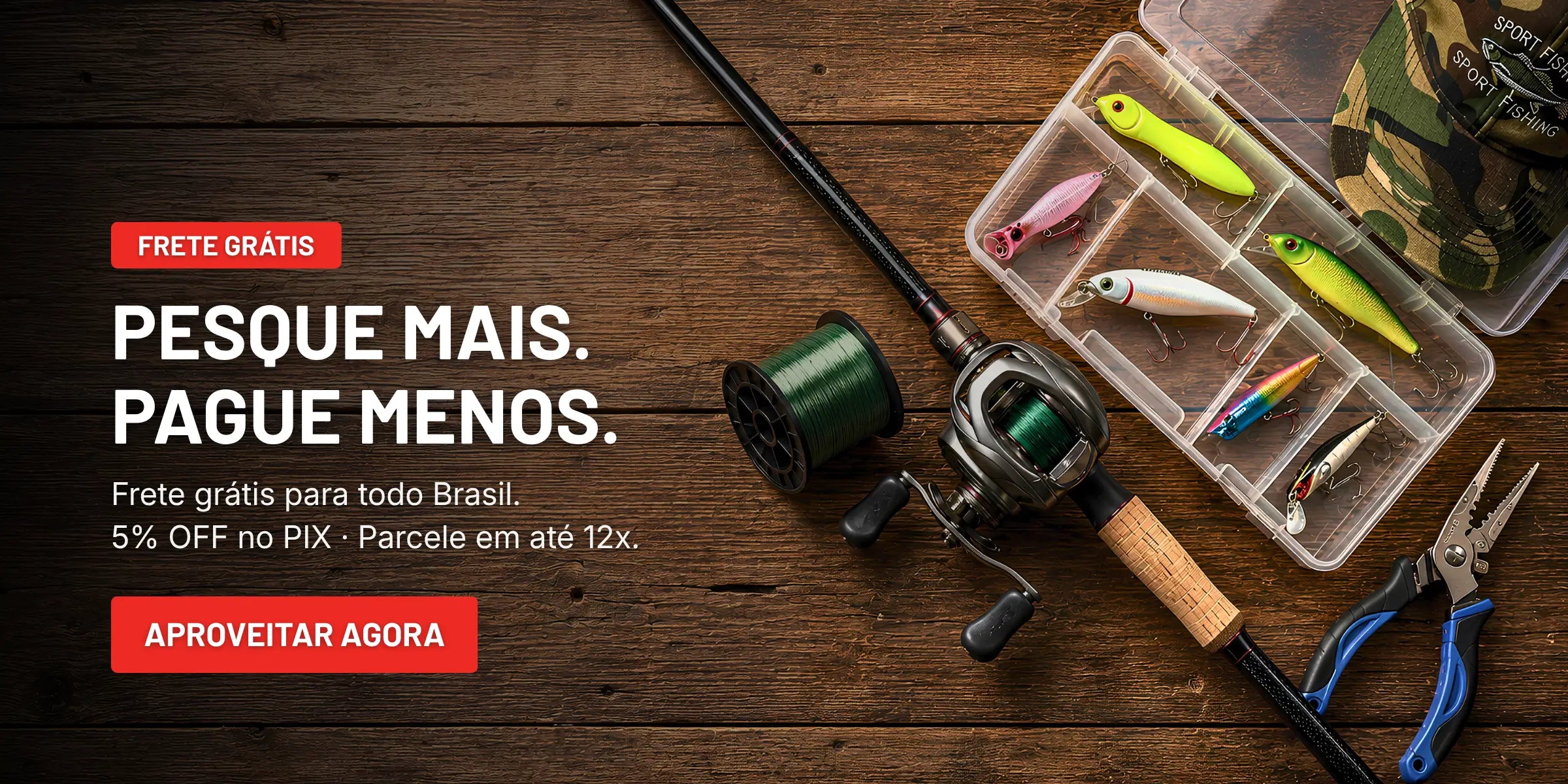 Um banner mostrando equipamentos de pesca esportiva à direita, e à esquerda tem uma informação a respeito do frete e pagamento