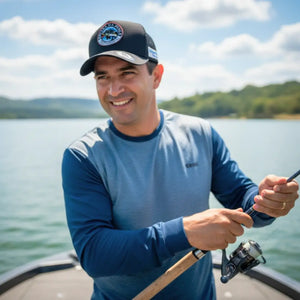 Um pescador segurando uma vara de pesca com molinete e usando o Boné de Pesca Zanter Pro Fishing na cor preta