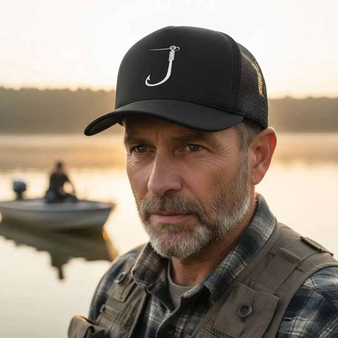 Um pescador usando o Boné de Pesca Zanter Hook Black, ao fundo um rio e um barco desfocado