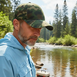 Um pescador na beira de um rio usando o Boné de Pesca Zanter Hunter Camuflado e uma camisa azul