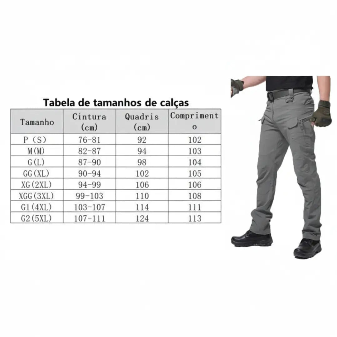 Tabela de medidas da Calça Tática Masculina na cor cinza