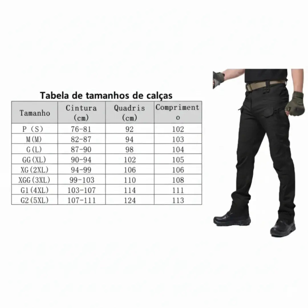 Tabela de medidas da Calça Tática Masculina na cor preta
