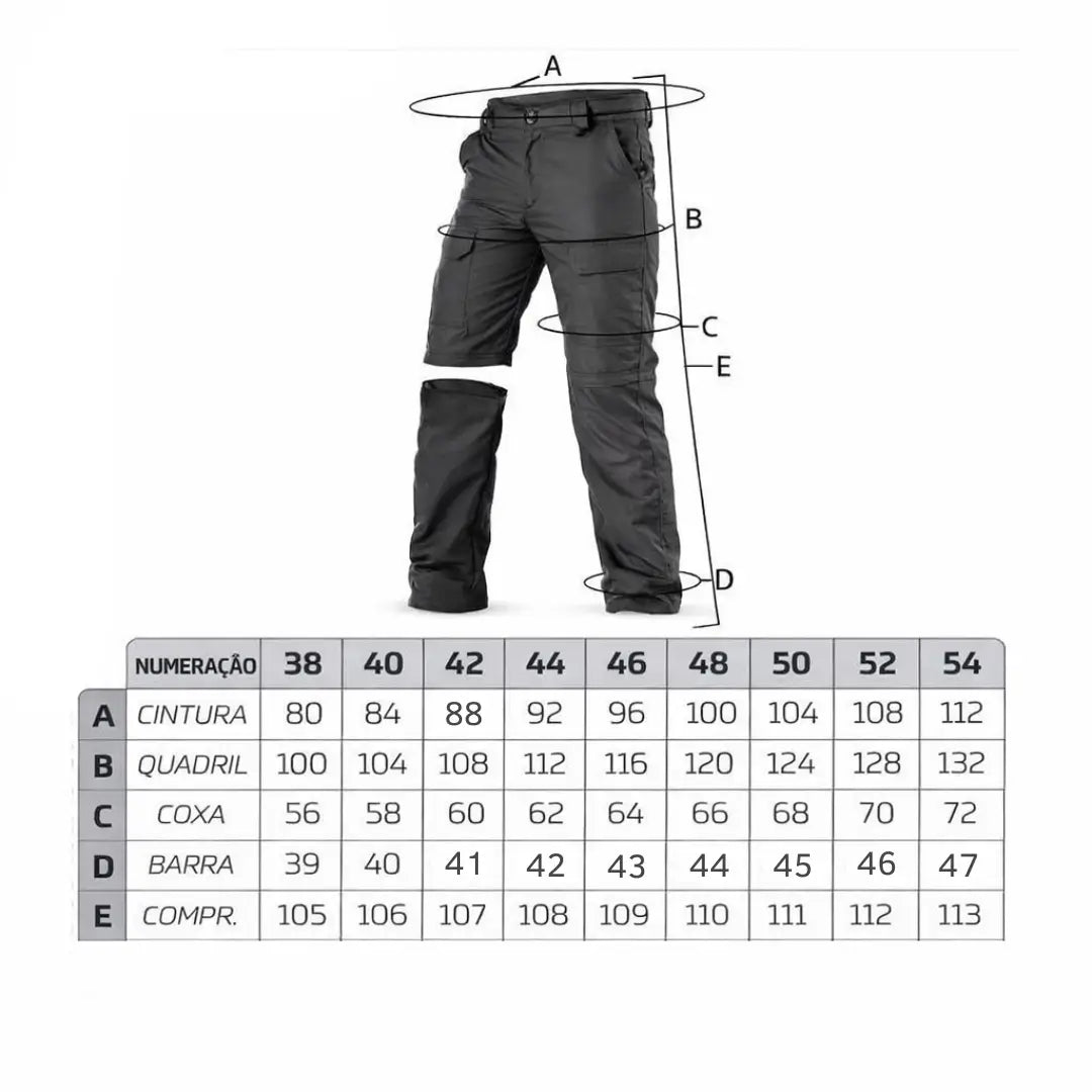 Tabela de medidas da Calça Tática Masculina Vira Bermuda preta