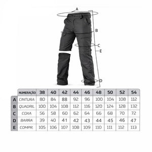 Tabela de medidas da Calça Tática Masculina Vira Bermuda preta