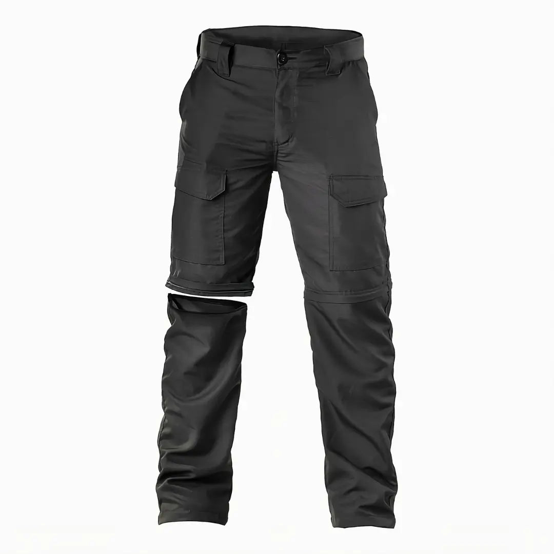 A Calça Tática Masculina Vira Bermuda preta vista de frente, com foco em sua parte demovível da perna