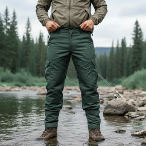 Pescador em um rio usando a Calça Tática Masculina Versatile Verde