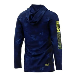 Camisa de Pesca Mar Negro Sublimada Capuz Blue vista de costas, com escritas amarelas no braço direito