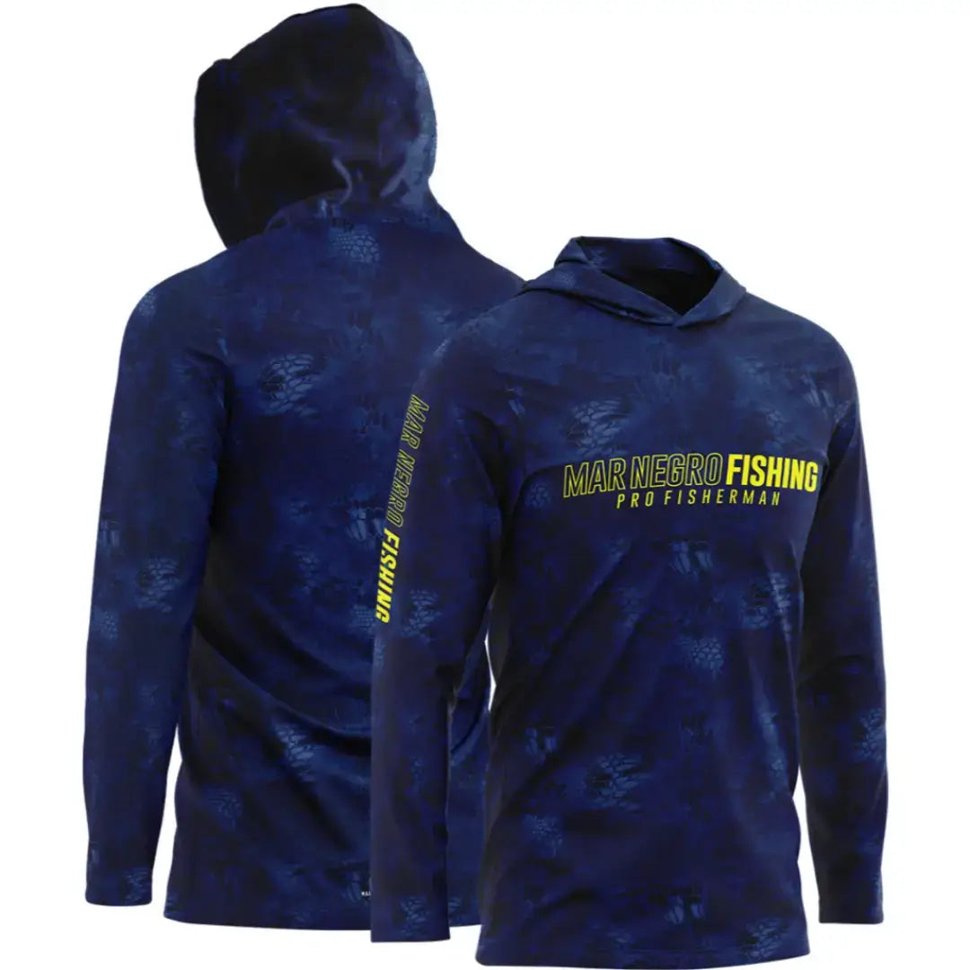 A Camisa de Pesca Mar Negro Sublimada Capuz Blue vista de frente e de costas, com seu capuz amostra