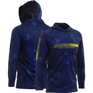 A Camisa de Pesca Mar Negro Sublimada Capuz Blue vista de frente e de costas, com seu capuz amostra