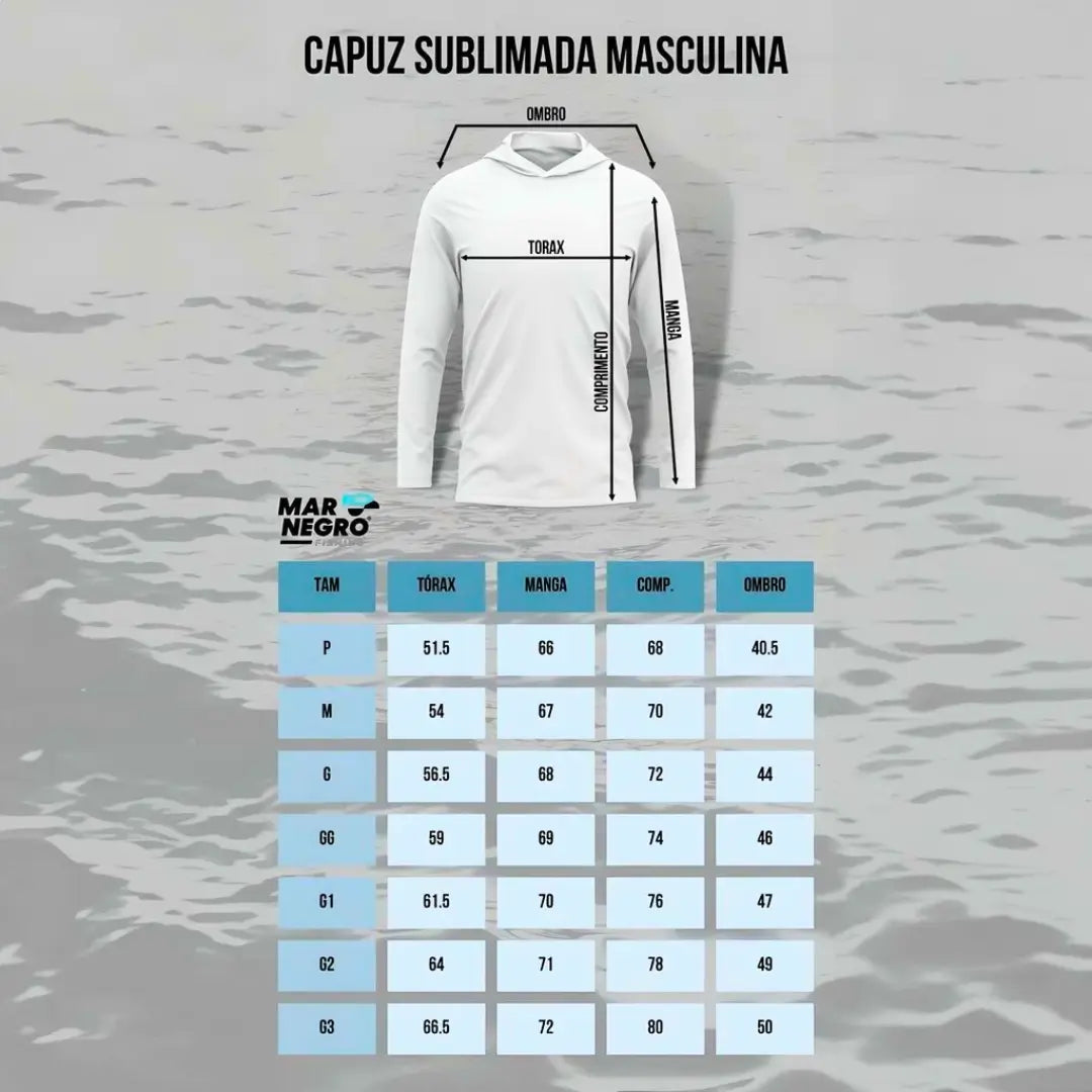 Medidas dos tamanhos da Camisa de Pesca Mar Negro Sublimada Capuz