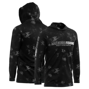 A Camisa de Pesca Mar Negro Sublimada Capuz Black vista de frente e de costas, com seu capuz amostra