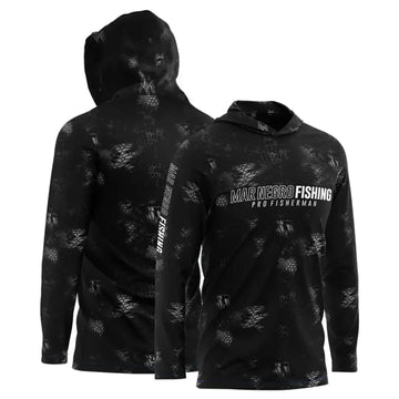 A Camisa de Pesca Mar Negro Sublimada Capuz Black vista de frente e de costas, com seu capuz amostra