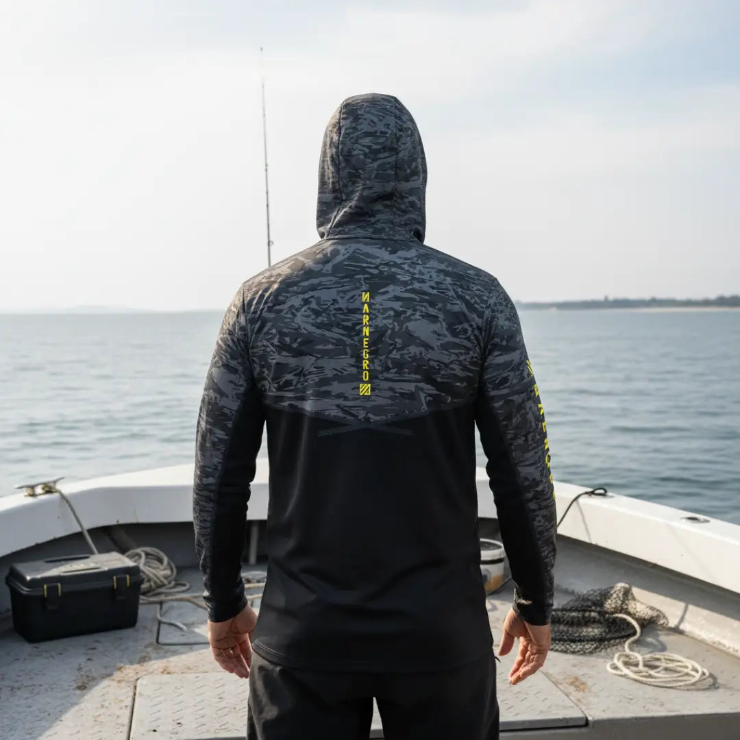 Pescador com capuz visto de costas usando a Camisa de Pesca Mar Negro Sublimada Capuz Chumbo em cima de uma barco, ao fundo o mar desfocado