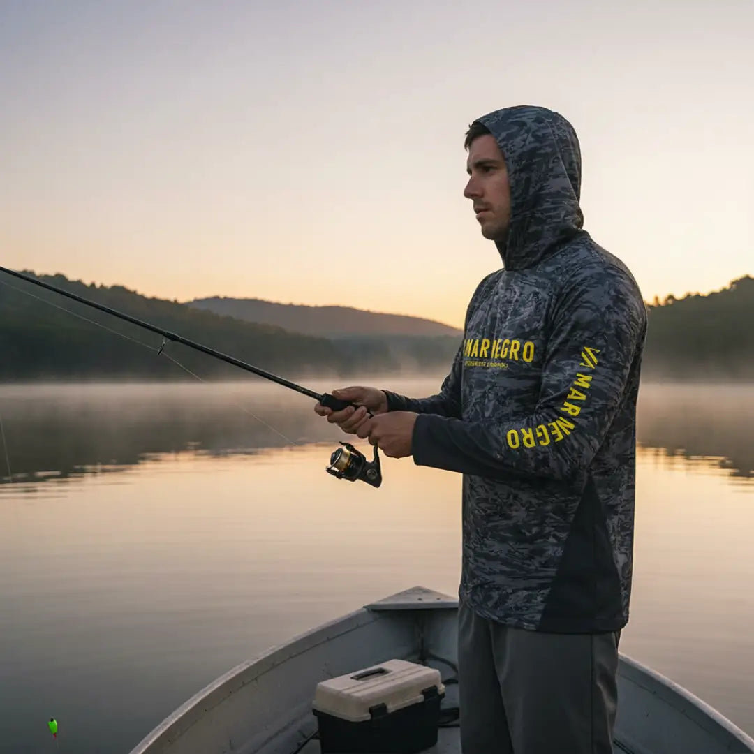 Pescador em cima de um barco no rio usando a A Camisa de Pesca Mar Negro Sublimada Capuz Chumbo, pescando com uma vara de pesca