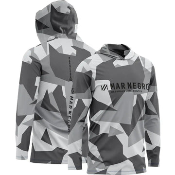 A Camisa de Pesca Mar Negro Sublimada Capuz Geométrica vista de frente e de costas, com seu capuz amostra