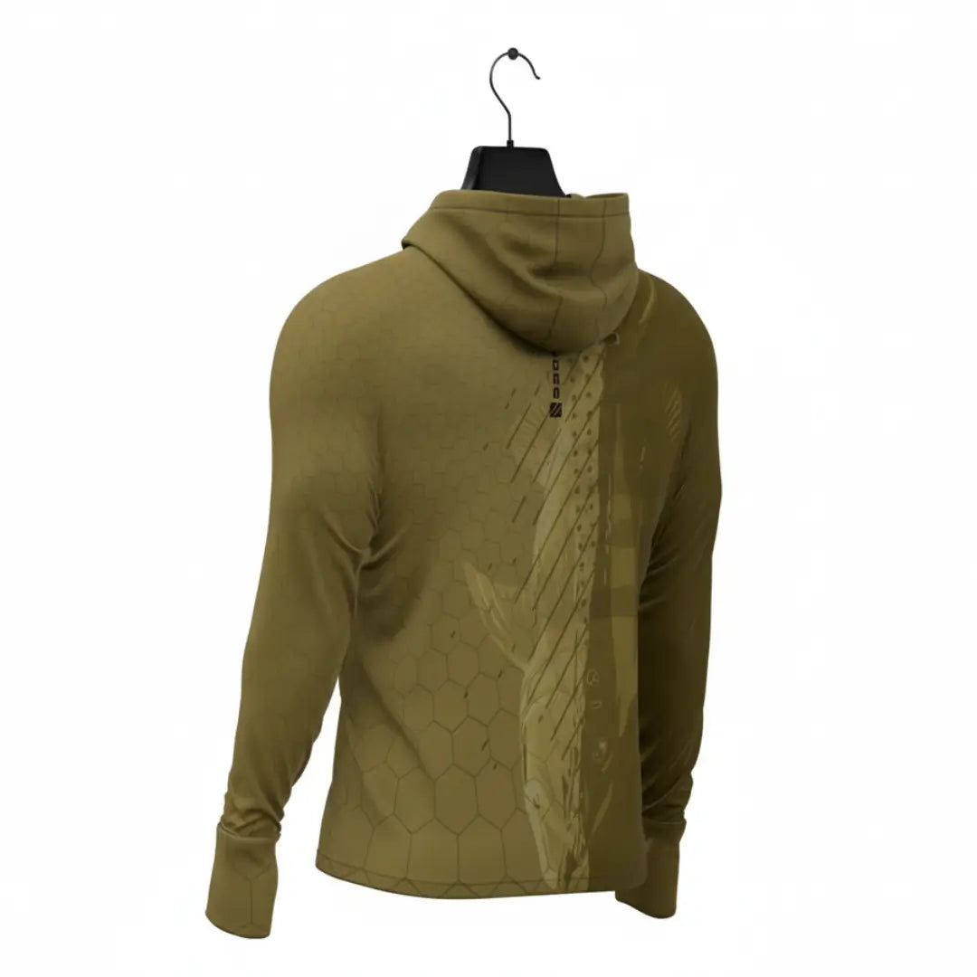 Camisa de Pesca Mar Negro Sublimada Capuz Tucuna vista de costas, com a estampa de um tucunaré em foco