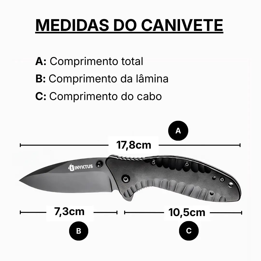 As medidas em comprimento total, comprimento da lâmina, comprimento do cabo e largura da lâmina do Canivete Invictus Rapid