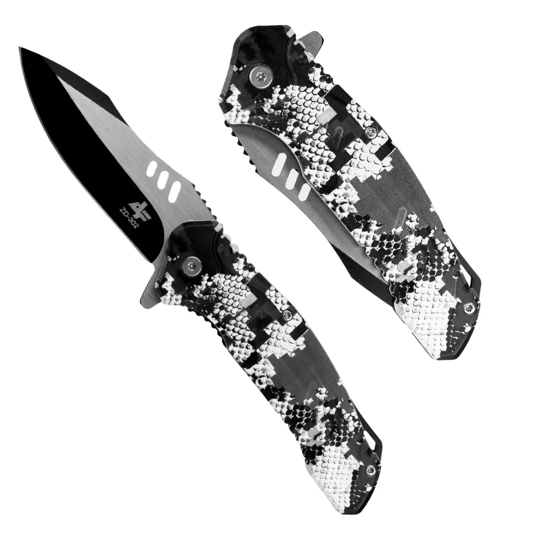 O Canivete Tático Albatroz Krait visto em dois ângulos, fechado e aberto