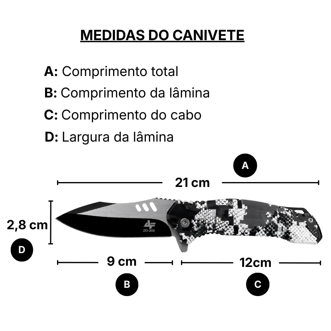 As medidas em comprimento total, comprimento da lâmina, comprimento do cabo e largura da lâmina do Canivete Tático Albatroz Krait 