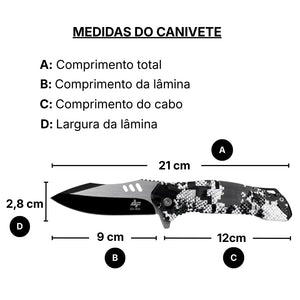 As medidas em comprimento total, comprimento da lâmina, comprimento do cabo e largura da lâmina do Canivete Tático Albatroz Krait 