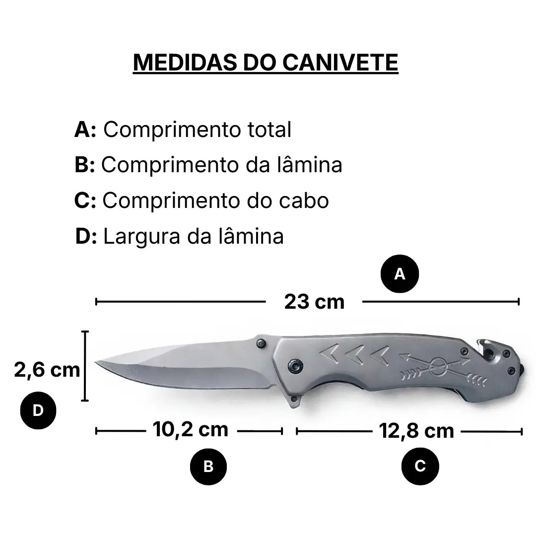 As medidas do Canivete Tático Arrow em comprimento total, comprimento da lâmina, comprimento do cabo e largura da lâmina