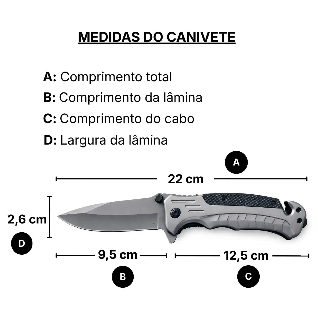 As medidas em comprimento total, comprimento da lâmina, comprimento do cabo e largura da lâmina do Canivete Tático Cromo