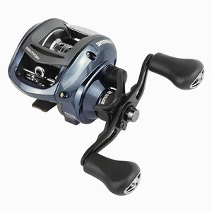 A Carretilha Marine Sports New Ventura VT5 vista na diagonal esquerda, com sua manivela do lado esquerdo