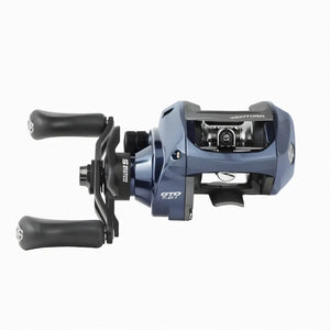 A Carretilha Marine Sports New Ventura VT5 mostrada de frente, com seu guia de linha e sua manivela em foco