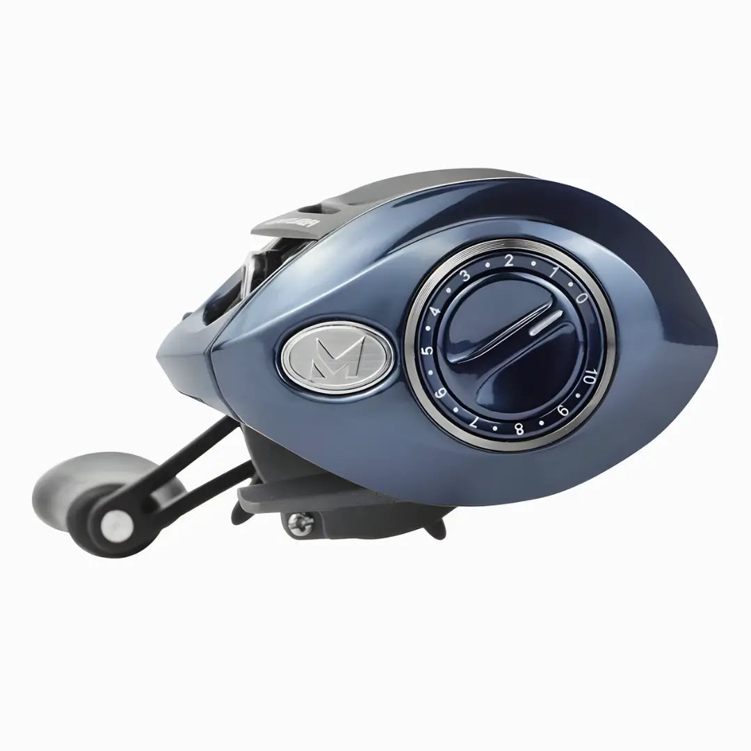 Visão de lado da Carretilha Marine Sports New Ventura VT5, com seu freio ponto a ponto em destaque
