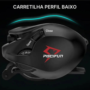 Carretilha de Pesca Piscifun Carbon XCS vista de lado, mostrando seu perfil baixo
