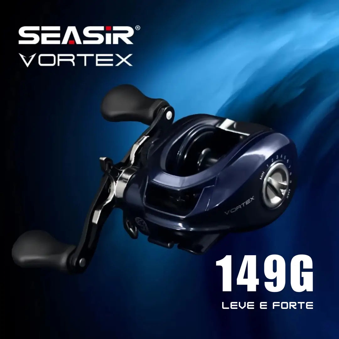 Carretilha Seasir Vortex no centro, com sua marca e nome em cima e informações sobre seu peso em baixo