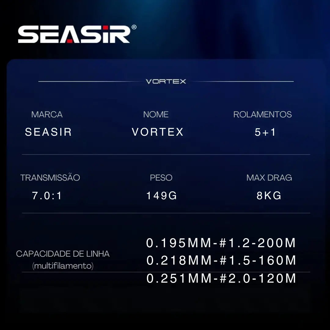Especificações técnicas da Carretilha Seasir Vortex com dados de transmissão, peso, drag máximo, rolamentos e capacidade de linha