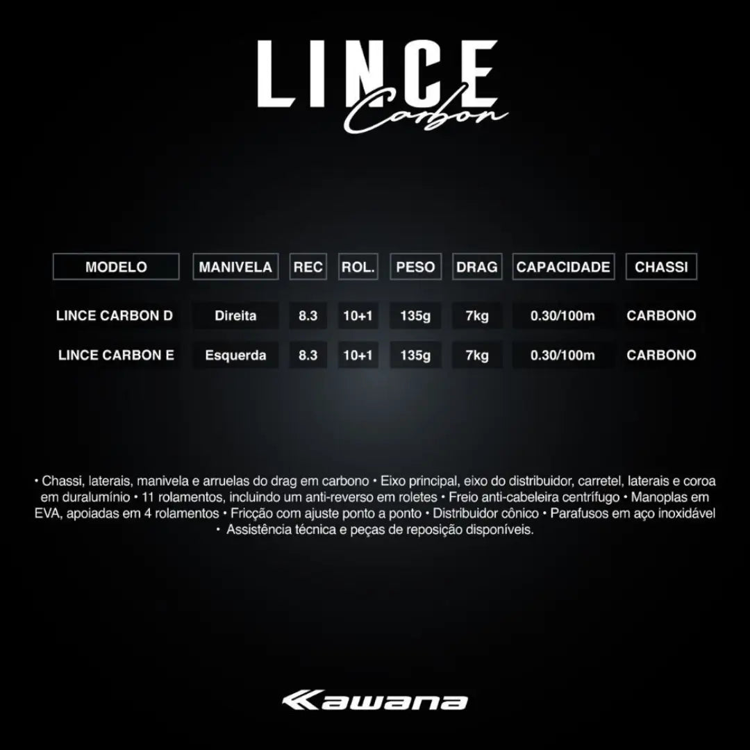 Informações técnicas da Carretilha Lince Carbon