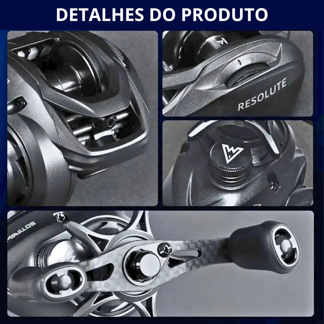 Carretilha de Pesca Mavllos Resolute apresentada em quatro ângulos diferentes, mostrando seus detalhes