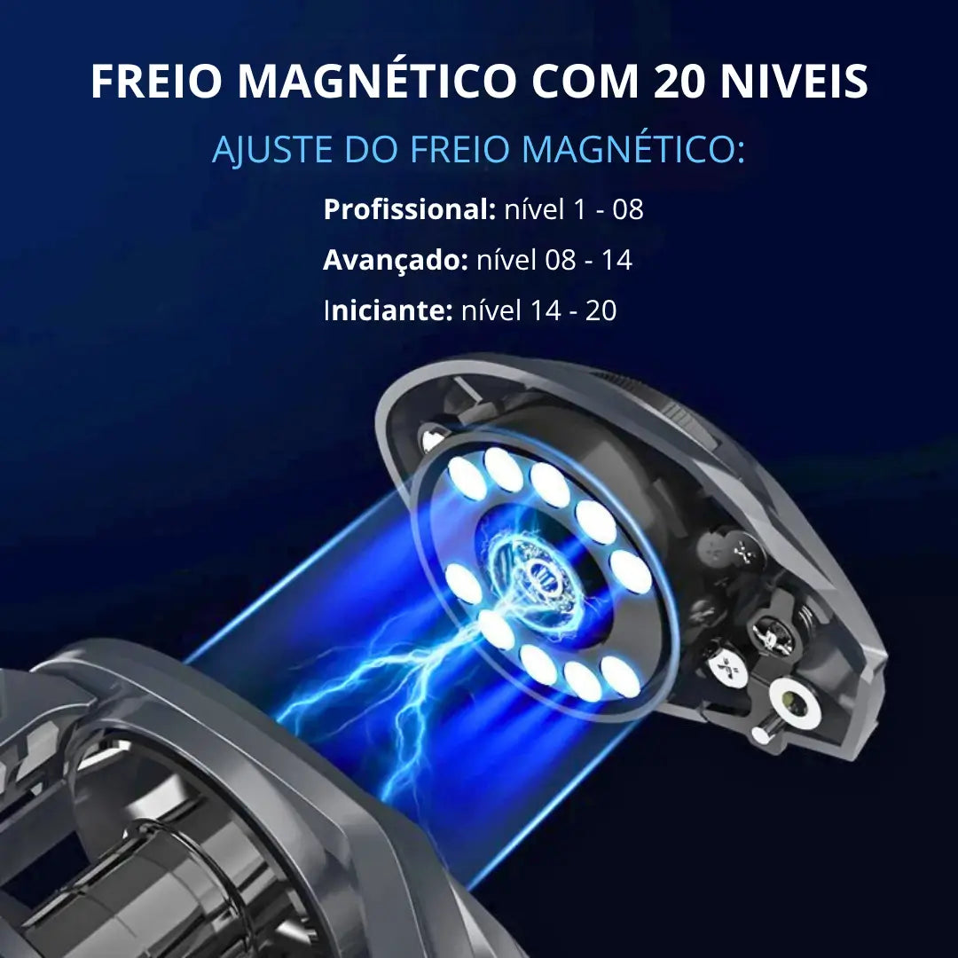 Carretilha de Pesca Mavllos Resolute mostrando seu freio magnético com ajuste de 20 níveis