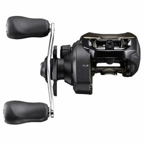 Frente da Carretilha Shimano New Caius HG, mostrando seu recolhimento 7.2:1 e suas manivela em alumínio 