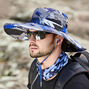 Chapéu de Pesca Urban Camo azul com aba larga e cordão ajustável em pescador