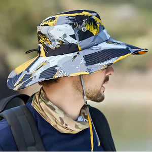 Chapéu de Pesca Urban Camo amarelo com aba larga para pesca e atividades outdoor