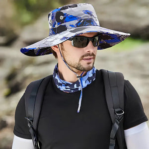 Chapéu de Pesca Urban Camo azul em vista lateral com aba larga para proteção solar