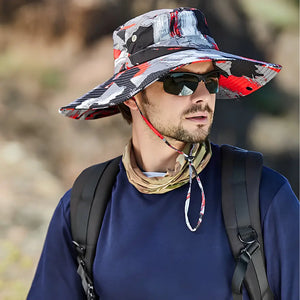 Chapéu de Pesca Urban Camo vermelho em vista frontal com cordão de ajuste