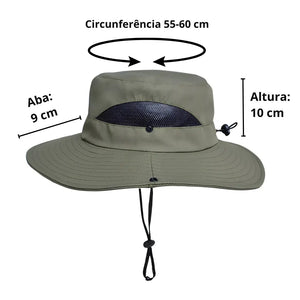 As dimensões em circunferência, largura da aba e altura do Chapéu de Pesca Zanter Air Field 